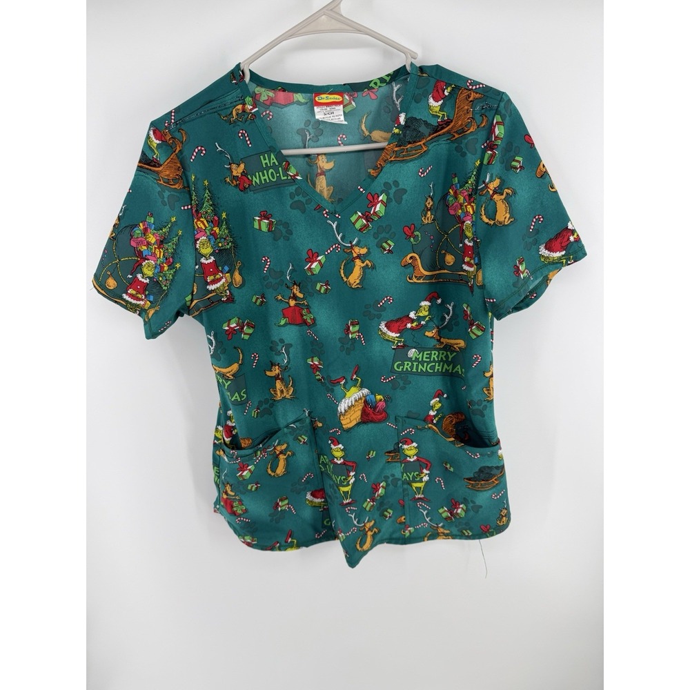 Dr Seuss Grinch Merry Grinchmas Happy Wholidays Scrub Top Women Size Small
